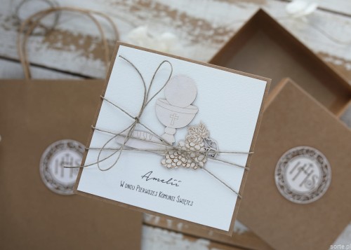 Kartka na komunię, pamiątka komunii w pudełku handmade