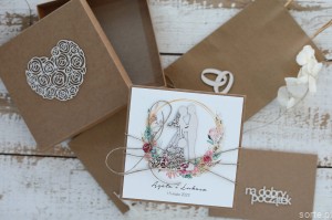 Oryginalna kartka ślubna z pudełkiem z wiankiem boho, pomysł na prezent ślubny + koperta na pieniądze Agata i Łukasz