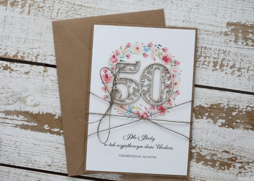 Wyjątkowa personalizowana kartka ręcznie robiona na 50 urodziny, pomysł na prezent na pięćdziesiątkę z personalizacją dla kobiety + personalizowane najpiękniejsze życzenia urodzinowe duża A5