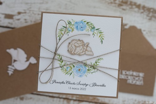 Ręcznie robiona kartka - pamiątka chrztu - na chrzest od matki chrzestnej, ojca chrzestnego dla chłopca