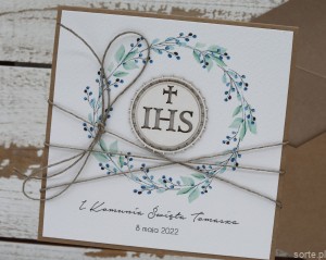 Kartka na komunię ręcznie robiona z imieniem od matki chrzestnej, ojca chrzestnego